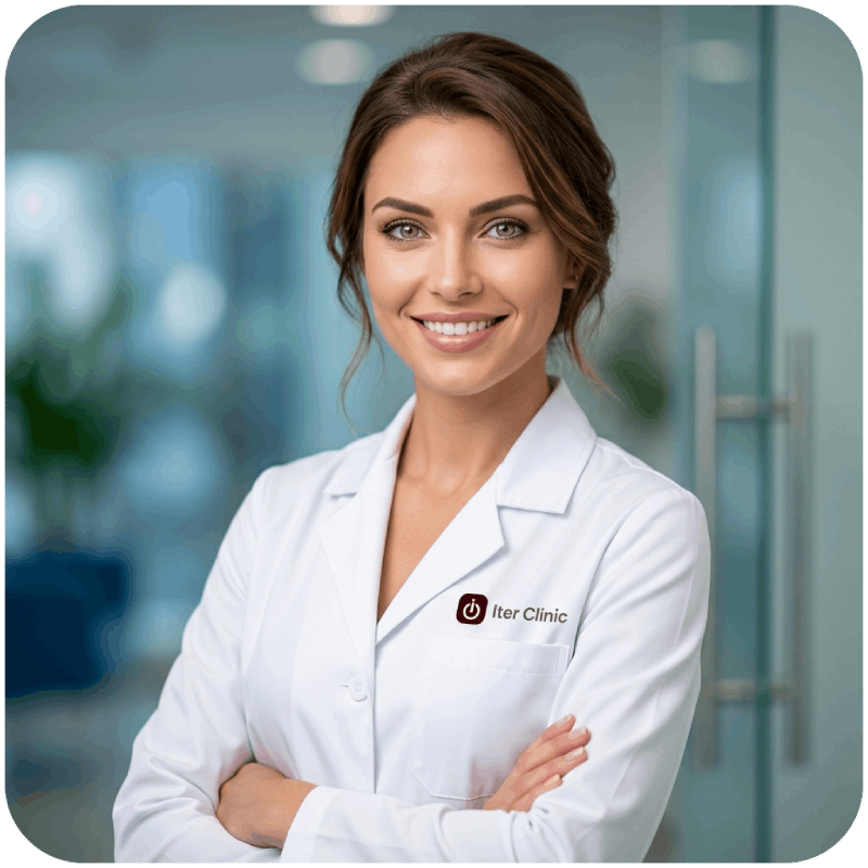 Esteticista sorrindo, usuária do Iter Clinic, em uma clínica de estética